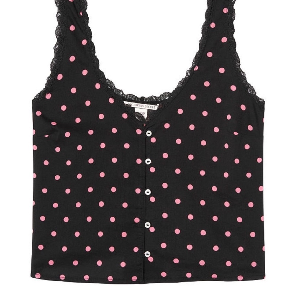 L Victoria's Secret Cotton Lace-Trim Button-Up Cami Black W/ Pink Polka Dots NWT - Picture 3 of 5
